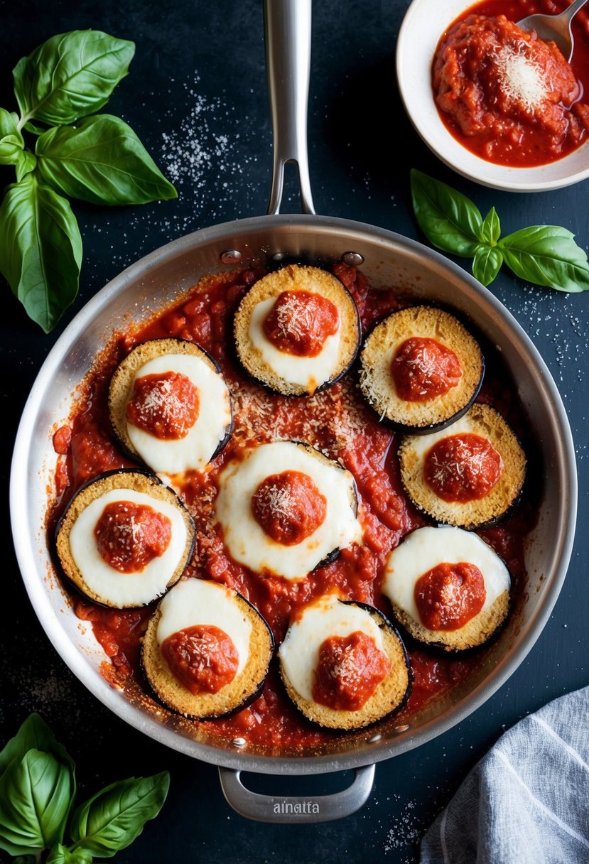 A sizzling pan of golden-brown breaded eggplant slices topped with marinara sauce and melted mozzarella cheese, surrounded by fresh basil leaves and a sprinkle of grated Parmesan