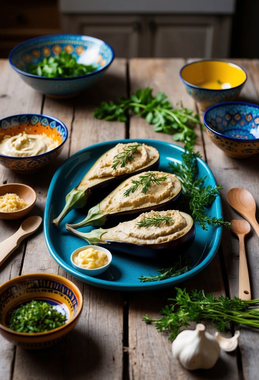 A rustic kitchen table with a spread of fresh eggplants, tahini, garlic, and herbs, surrounded by colorful ceramic bowls and wooden utensils