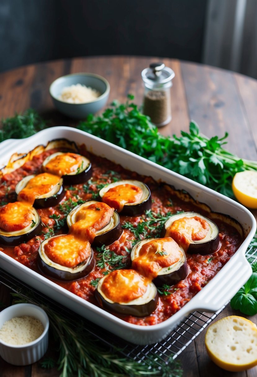 A table set with a baking dish filled with rolled eggplant slices, topped with marinara sauce and melted cheese, surrounded by fresh herbs and spices