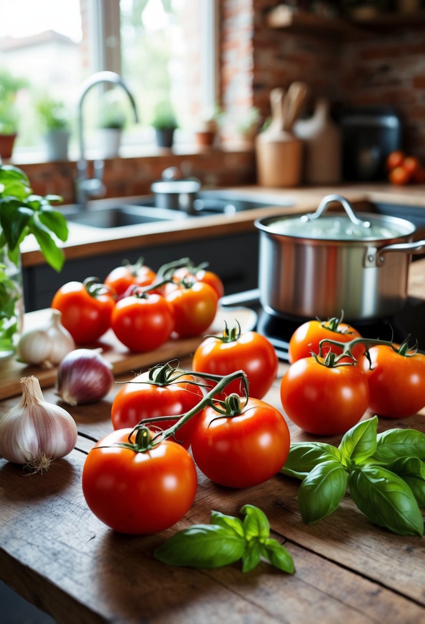 A rustic kitchen with fresh heirloom tomatoes, garlic, basil, and onions scattered on a wooden table. A pot simmers on the stove