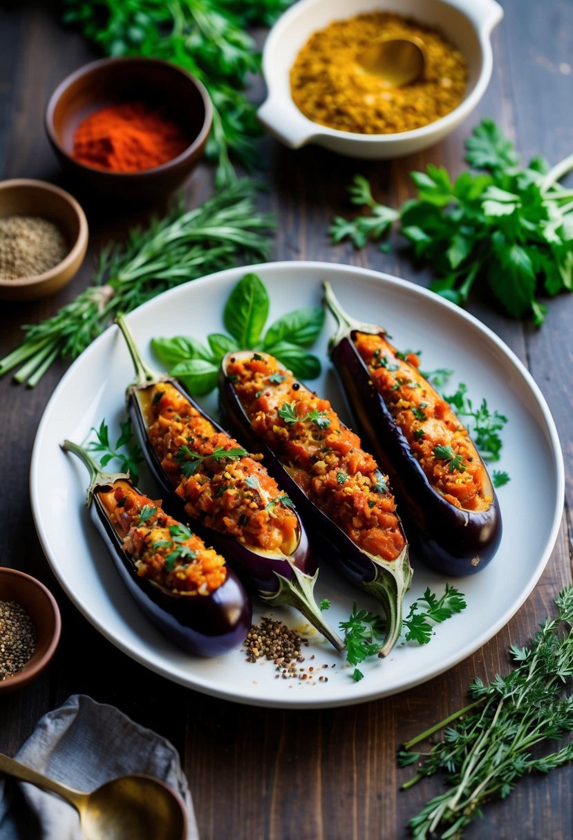 A platter of stuffed eggplants surrounded by fresh herbs and spices