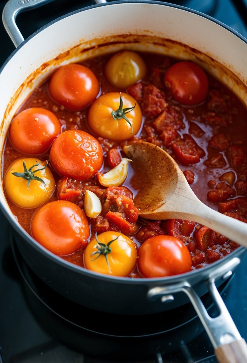 A bubbling pot of heirloom tomatoes and roasted garlic simmering on a stove. A wooden spoon stirs the rich, red sauce