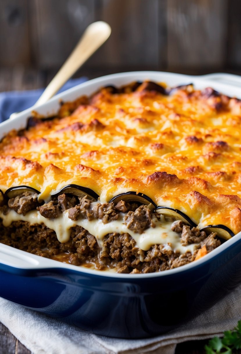 A bubbling casserole dish filled with layers of eggplant, ground meat, and creamy béchamel sauce, topped with a golden brown crust