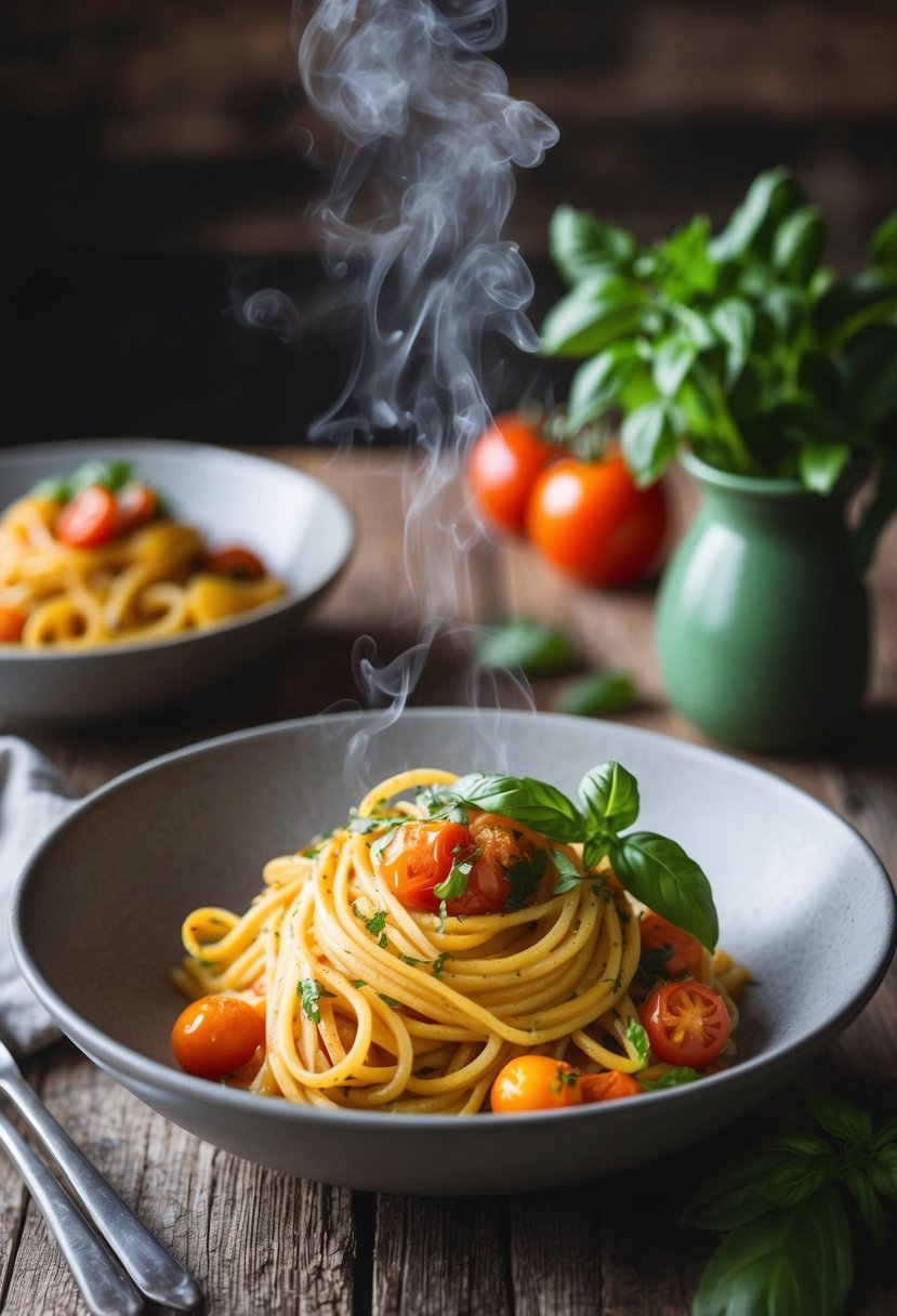 A steaming bowl of spicy basil heirloom tomato pasta, garnished with fresh herbs and served on a rustic wooden table