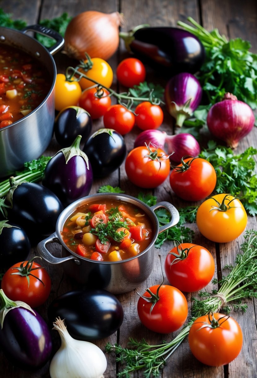 A colorful array of fresh eggplants, tomatoes, onions, and herbs spread out on a rustic wooden table. A simmering pot of caponata bubbles on the stove