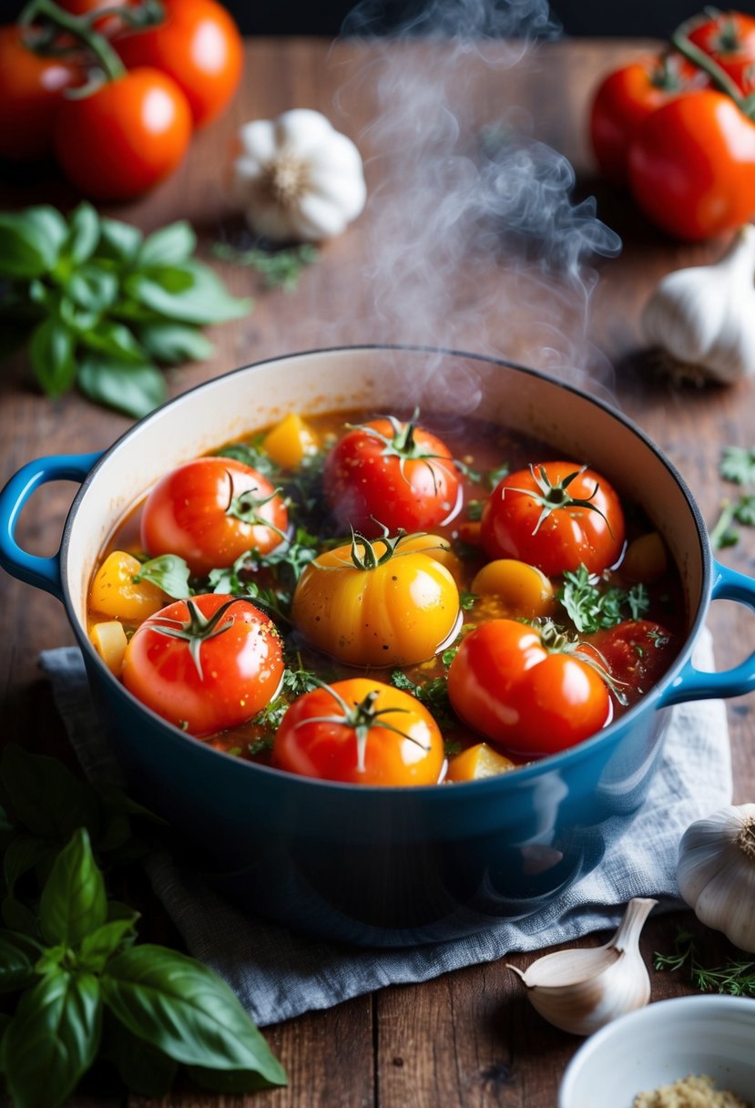 A bubbling pot of heirloom tomatoes simmering with garlic, basil, and oregano, filling the air with a rich, savory aroma