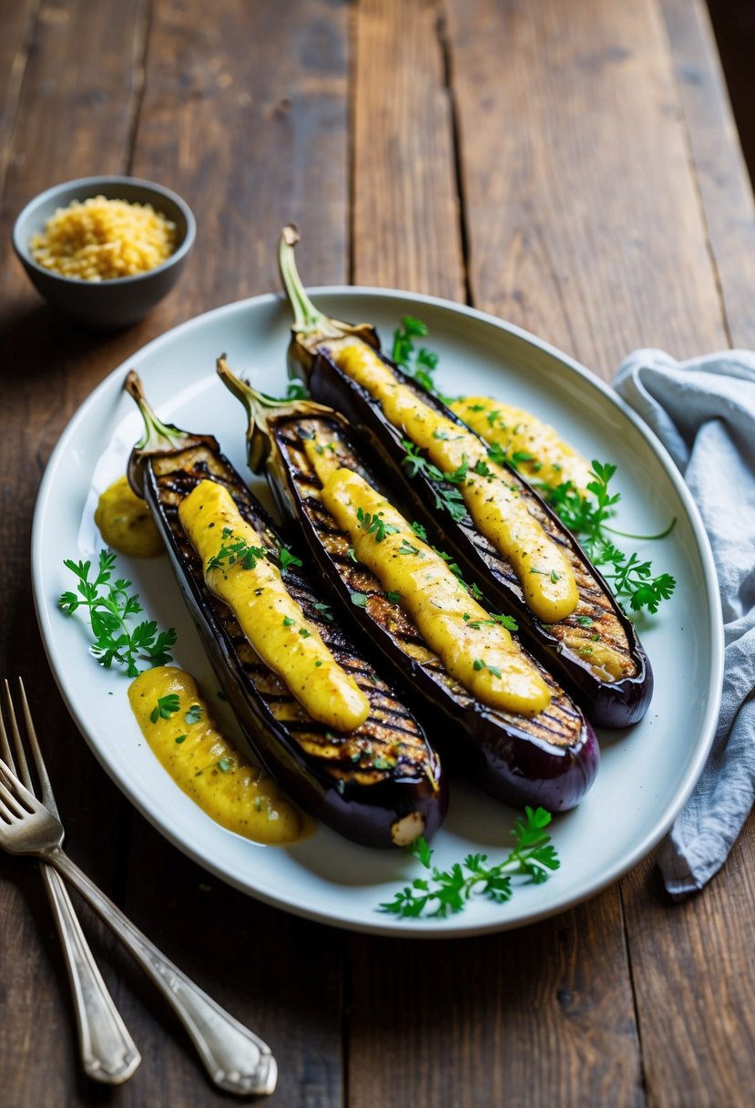 A platter of grilled eggplant drizzled with garlic sauce, garnished with fresh herbs and spices, sitting on a rustic wooden table