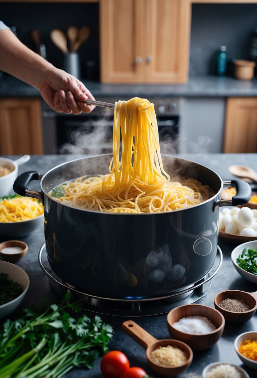 A large pot of boiling pasta surrounded by assorted ingredients and cooking utensils on a spacious kitchen counter