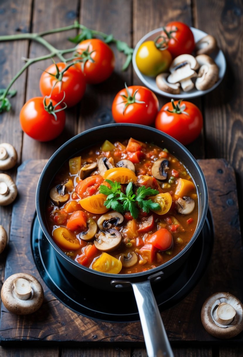 A rustic wooden table with a pot of chunky heirloom tomato and mushroom sauce simmering on a stovetop, surrounded by fresh tomatoes and mushrooms