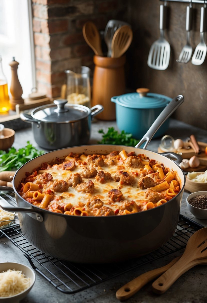 A large pot of bubbling baked ziti with sausage, surrounded by ingredients and cooking utensils on a rustic kitchen counter