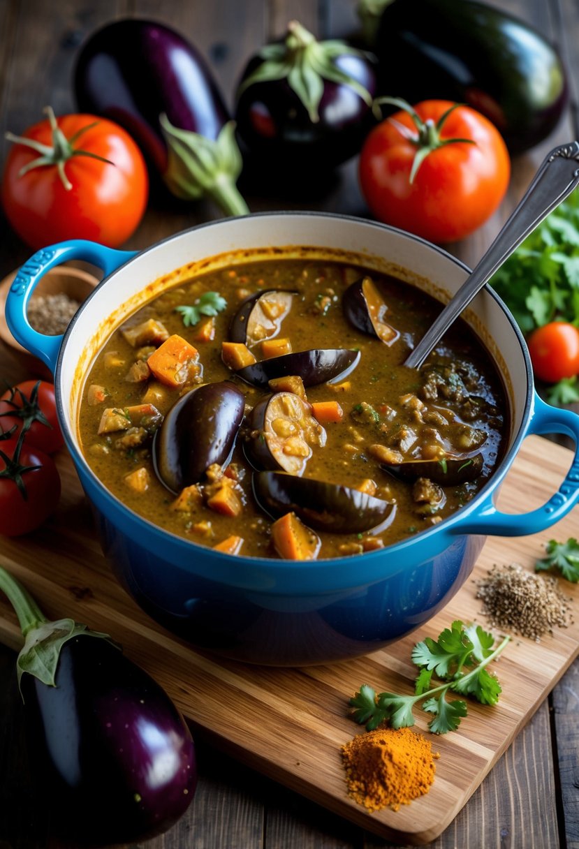 A bubbling pot of eggplant curry surrounded by fresh eggplants, tomatoes, and aromatic spices on a wooden cutting board