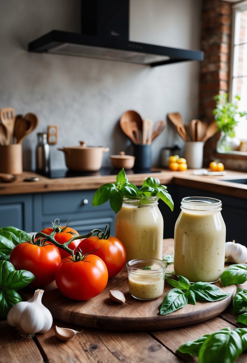 A rustic kitchen with fresh heirloom tomatoes, garlic, and basil on a wooden table, surrounded by jars of creamy Alfredo sauce and cooking utensils