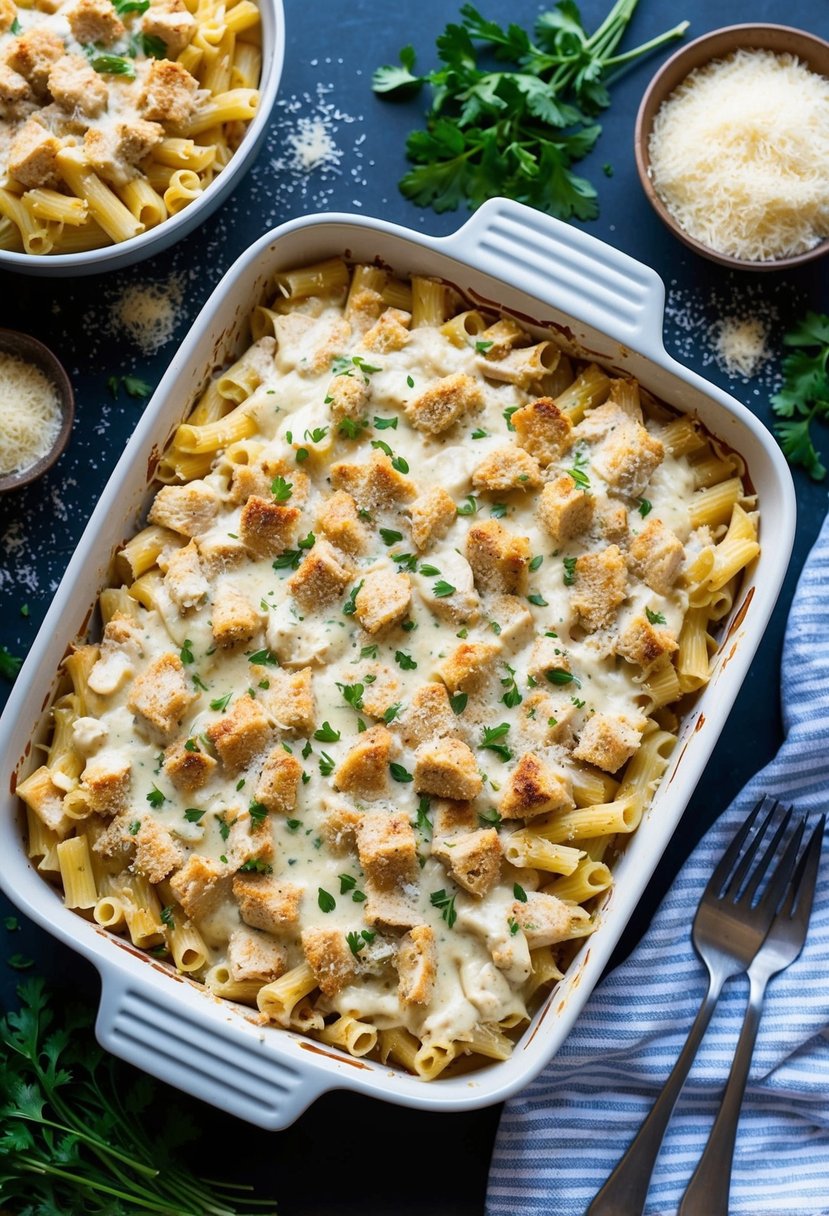 A large baking dish filled with creamy chicken alfredo pasta bake, surrounded by fresh herbs and grated parmesan cheese