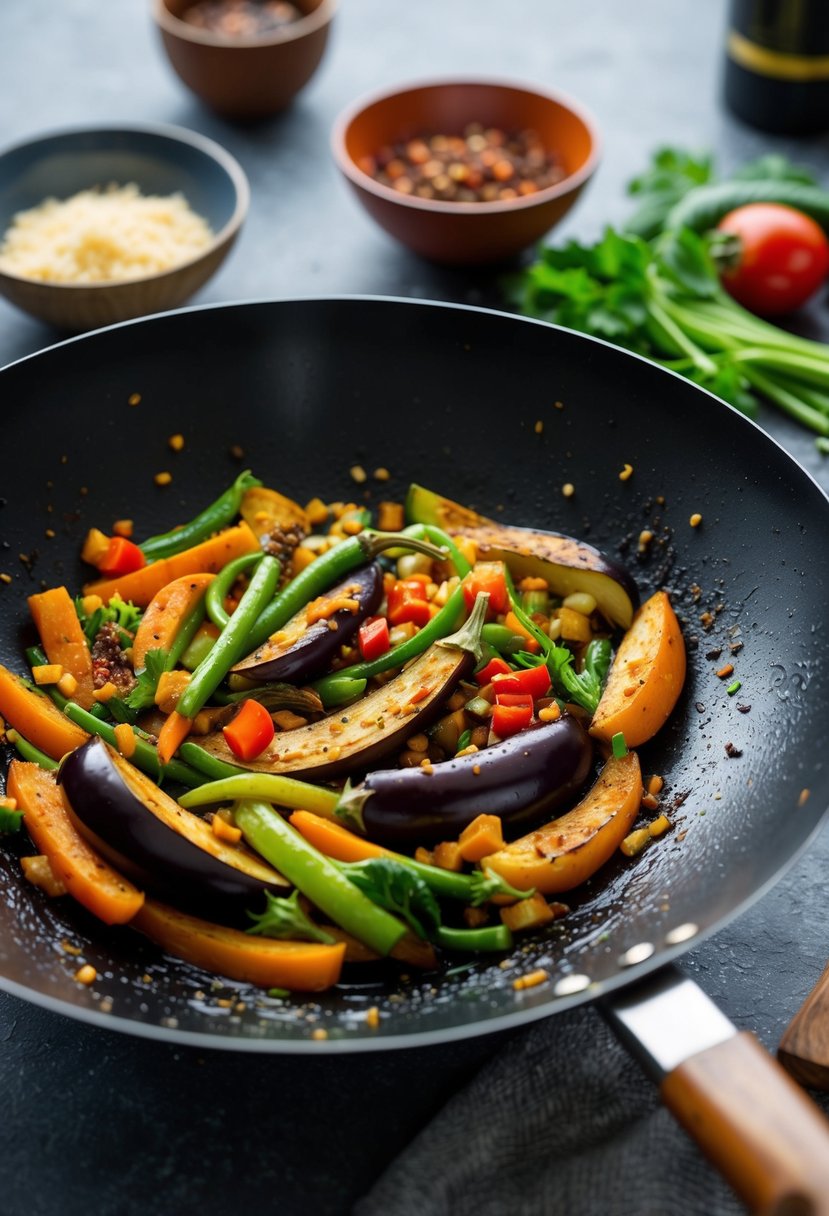 Sizzling eggplant stir fry in a wok with colorful vegetables and aromatic spices