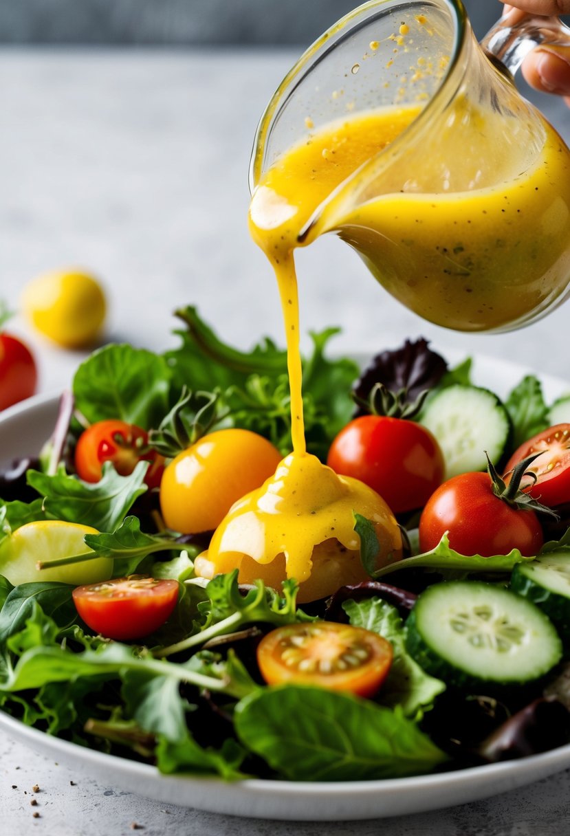 A vibrant lemon heirloom tomato dressing being drizzled over a fresh salad of mixed greens, cherry tomatoes, and cucumbers