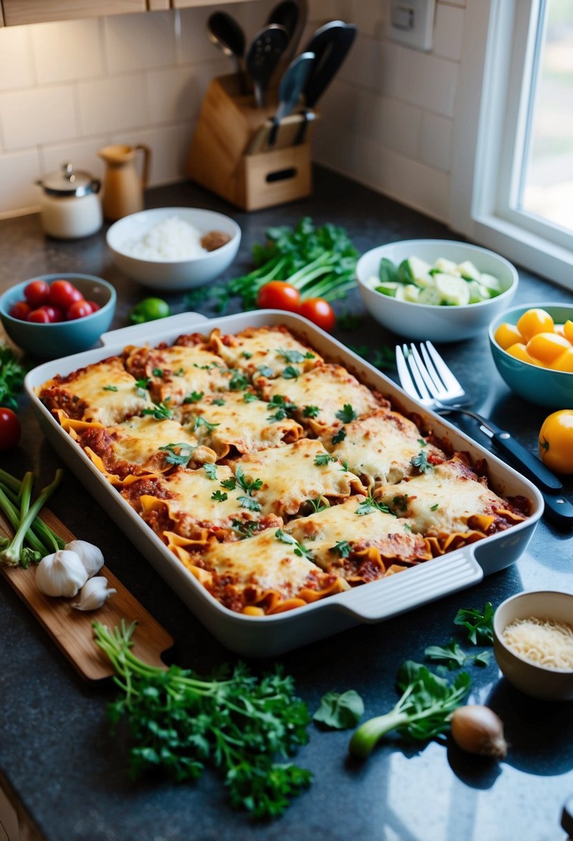 A large tray of vegetable lasagna surrounded by fresh ingredients and cooking utensils on a kitchen counter