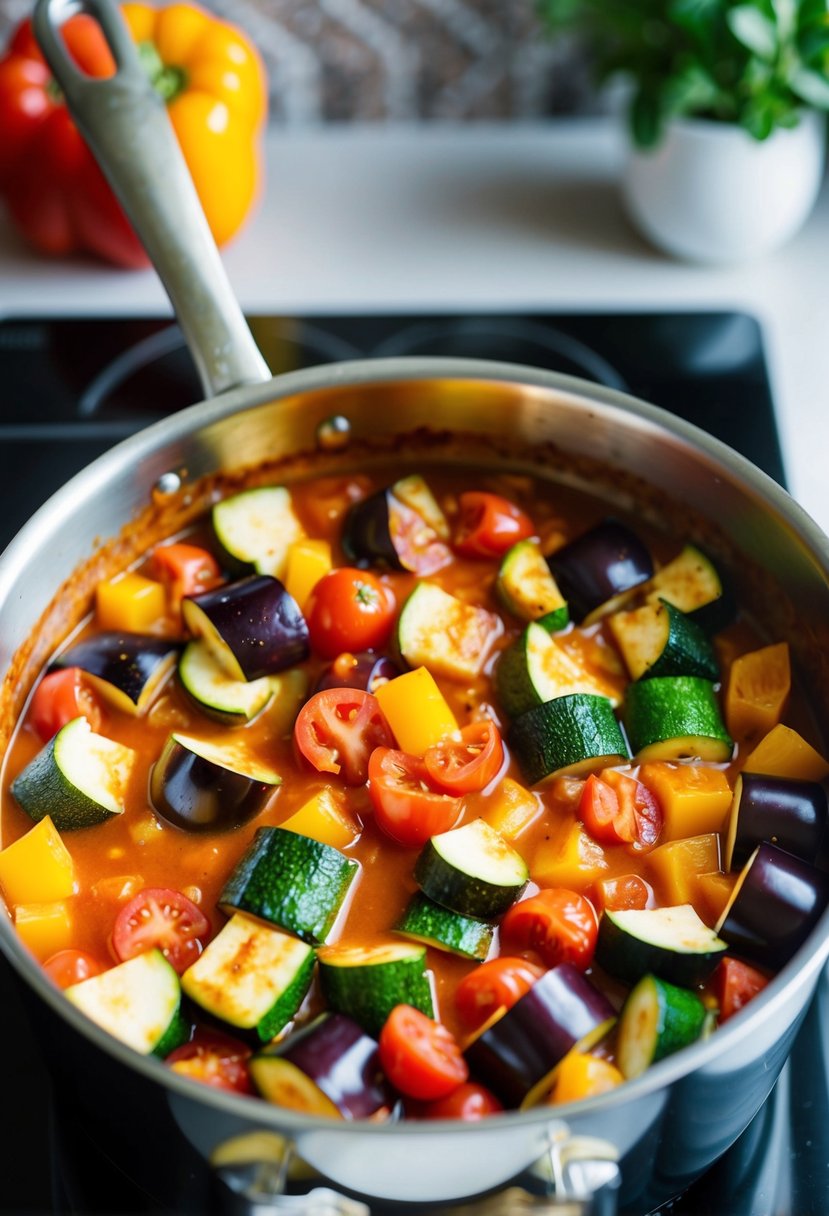 A colorful assortment of diced eggplant, tomatoes, zucchini, and bell peppers simmering in a fragrant sauce in a large pot on a stove