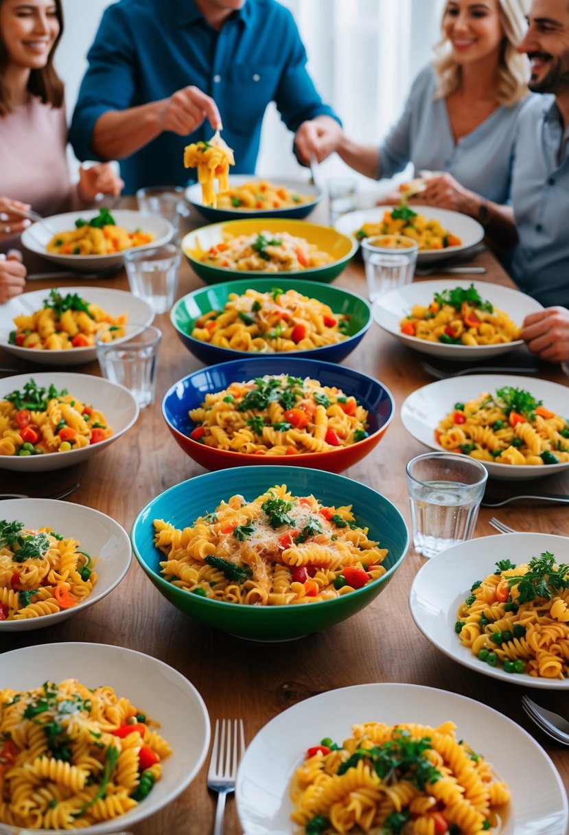 A table set with colorful bowls of Pasta Primavera surrounded by friends and family enjoying a meal together