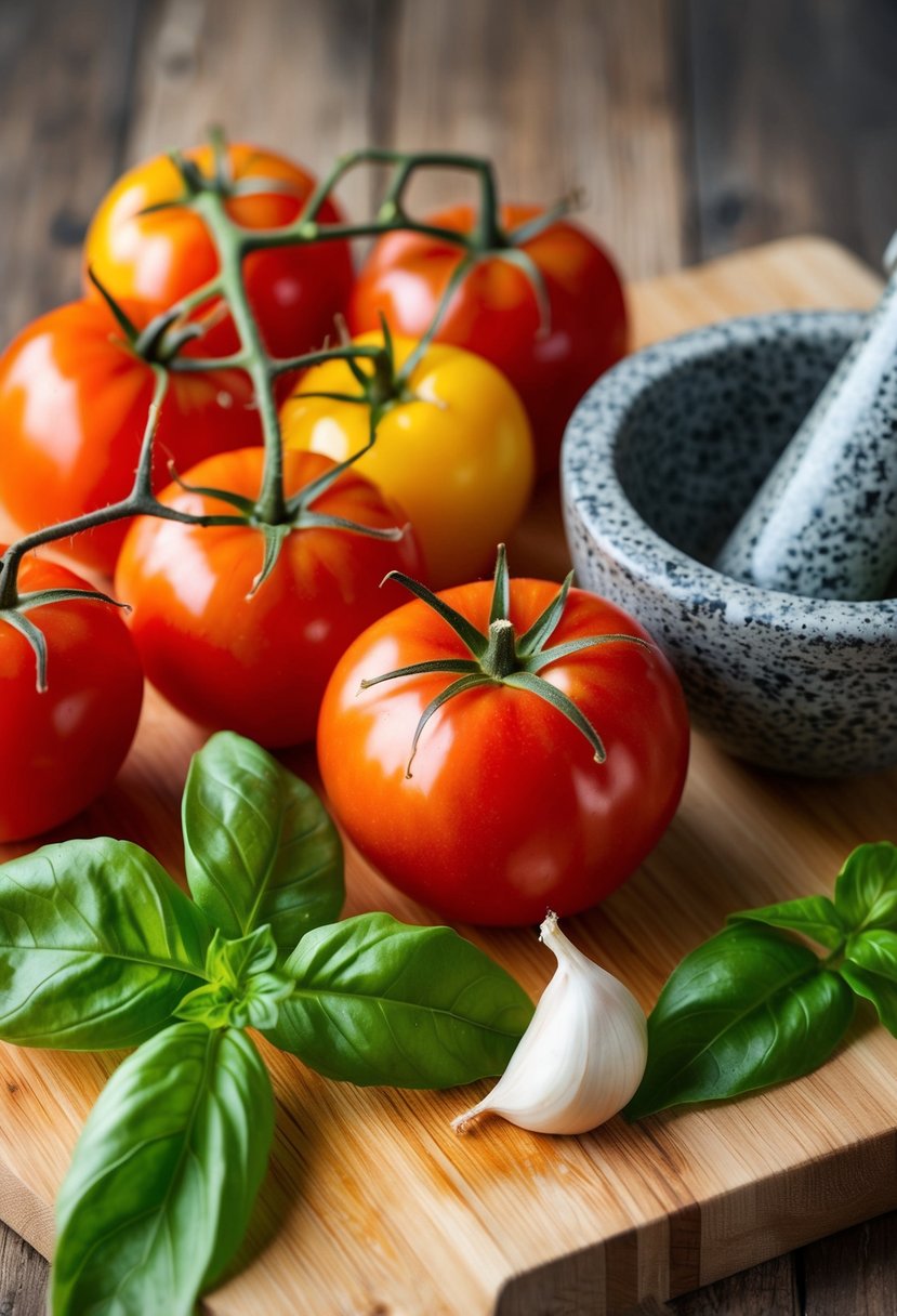 Fresh heirloom tomatoes, basil, and garlic arranged on a wooden cutting board, with a mortar and pestle nearby for making the sauce