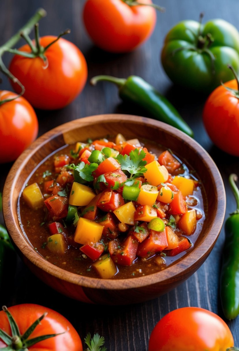 A wooden bowl of smoky chipotle heirloom tomato salsa, surrounded by fresh heirloom tomatoes and chipotle peppers