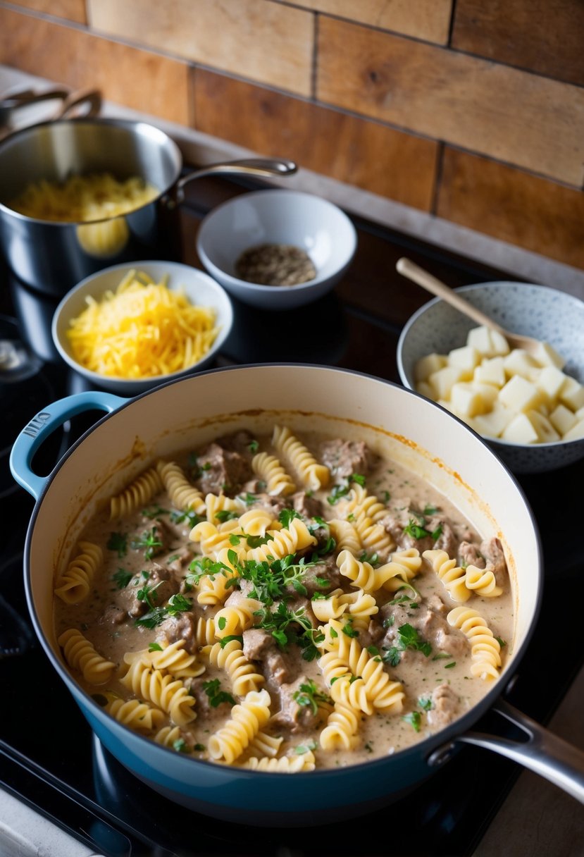 A large pot of creamy beef stroganoff pasta simmering on a stove, surrounded by various ingredients and cooking utensils