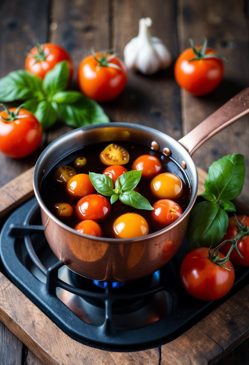 A balsamic heirloom tomato reduction simmers in a copper pot on a rustic wooden stove, surrounded by fresh tomatoes, basil, and garlic cloves