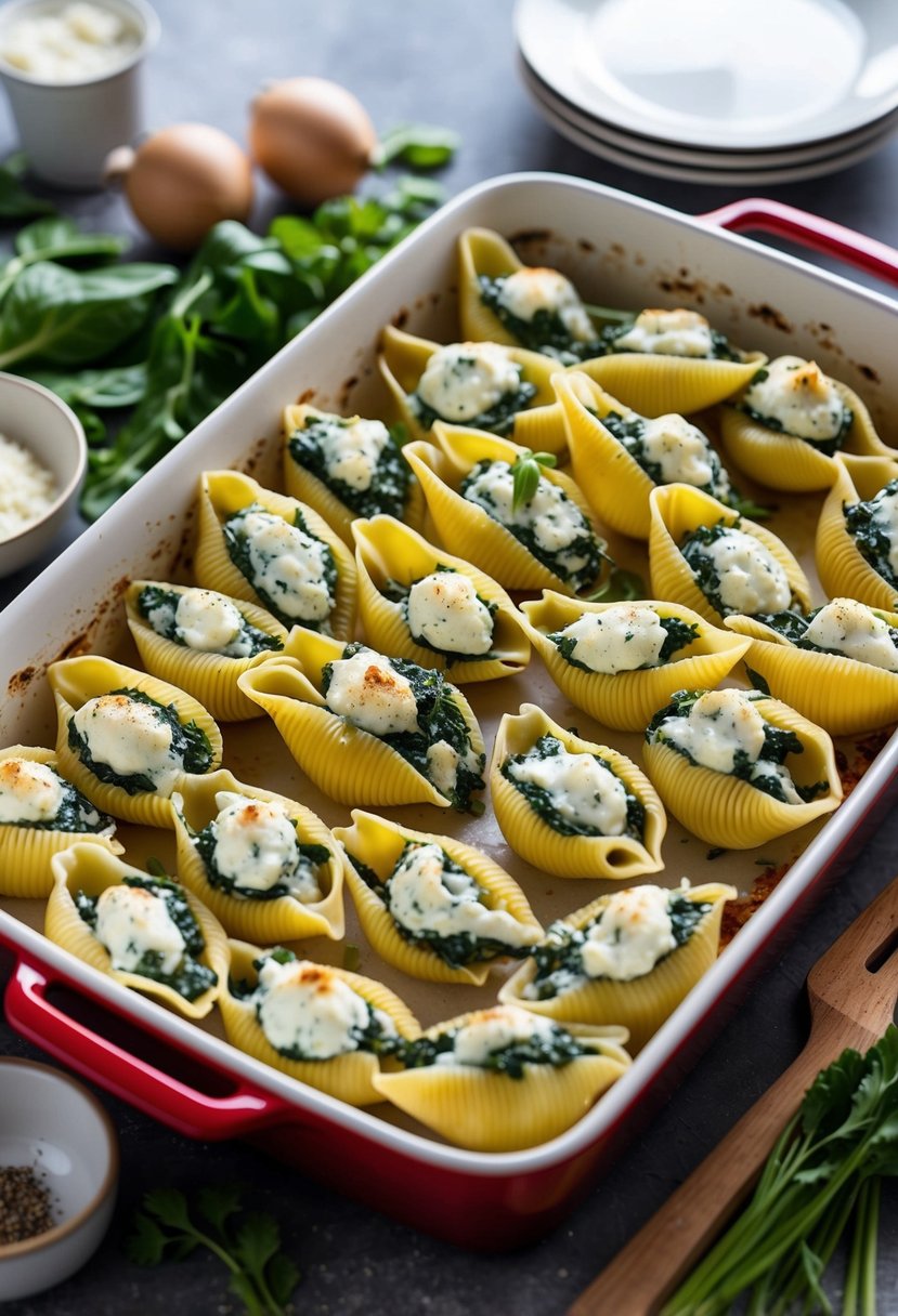 A large baking dish filled with spinach and ricotta stuffed pasta shells, surrounded by fresh ingredients and cooking utensils