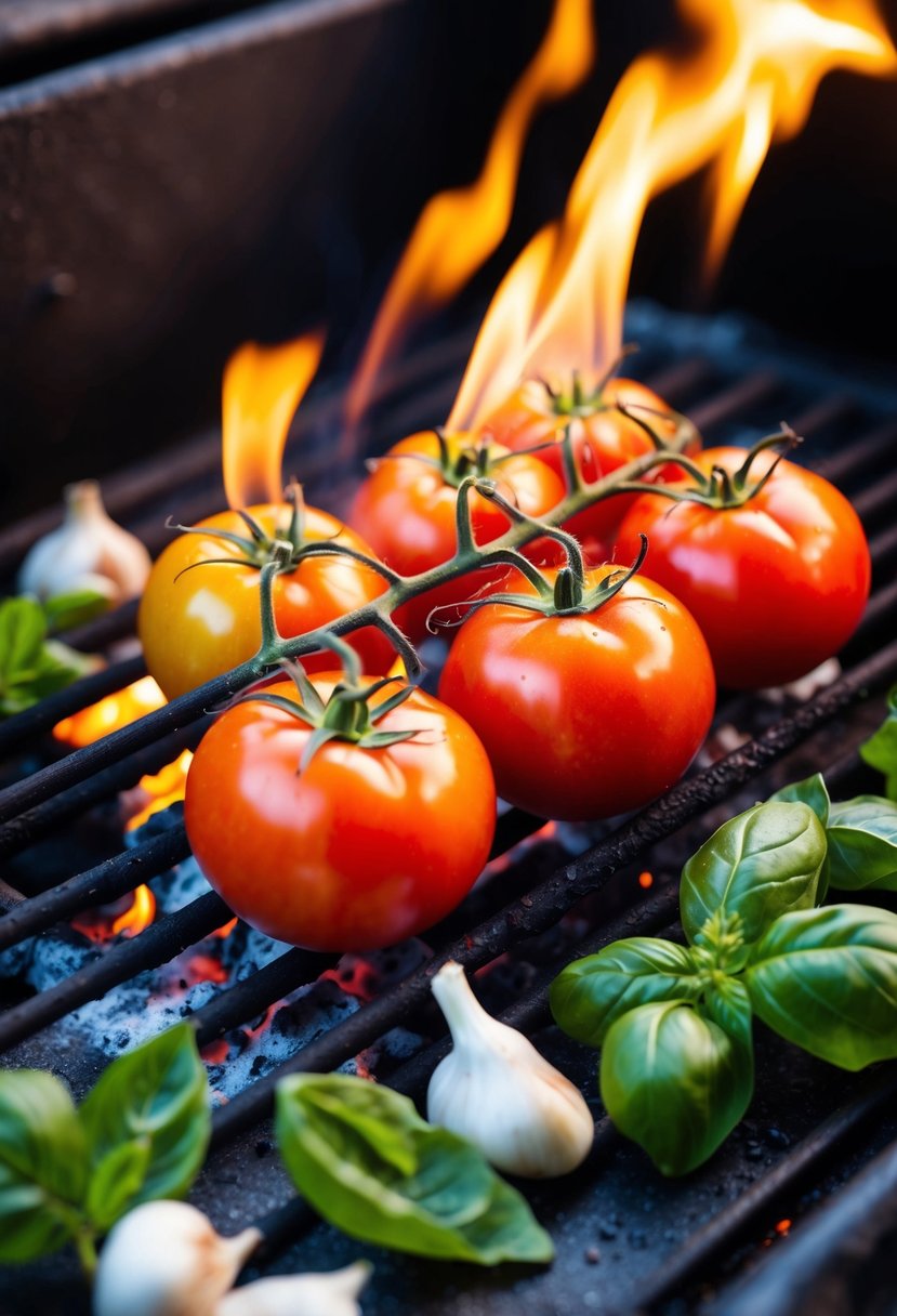 Fresh heirloom tomatoes roasting over an open flame, surrounded by vibrant green basil leaves and aromatic garlic cloves