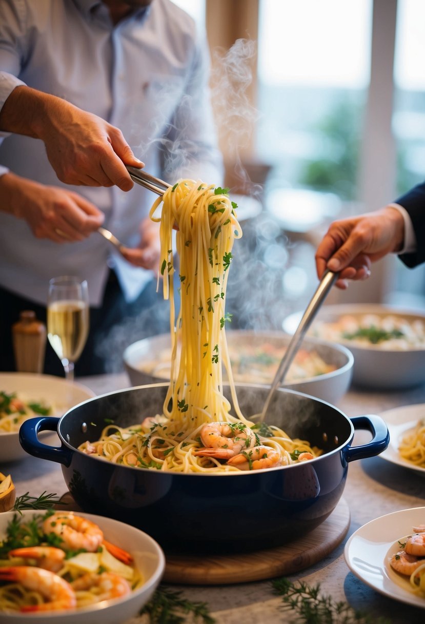 A large pot of steaming seafood linguine being tossed with herbs and served in a festive gathering setting