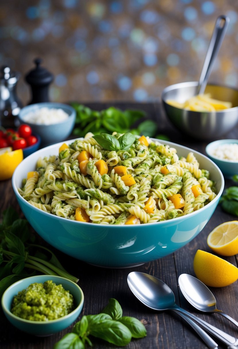 A large serving bowl filled with colorful pesto pasta salad surrounded by fresh ingredients and serving utensils