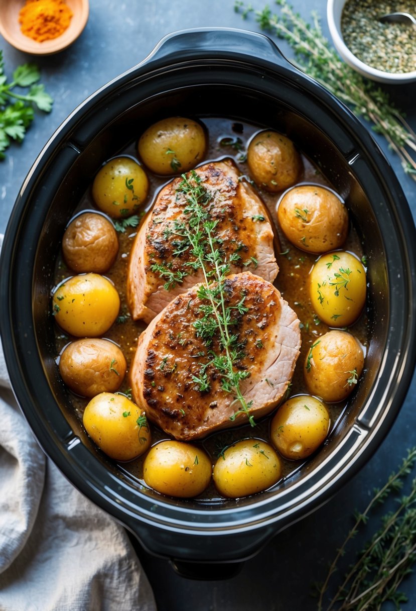 A crockpot filled with tenderloin and potatoes simmering in a savory sauce, surrounded by aromatic herbs and spices