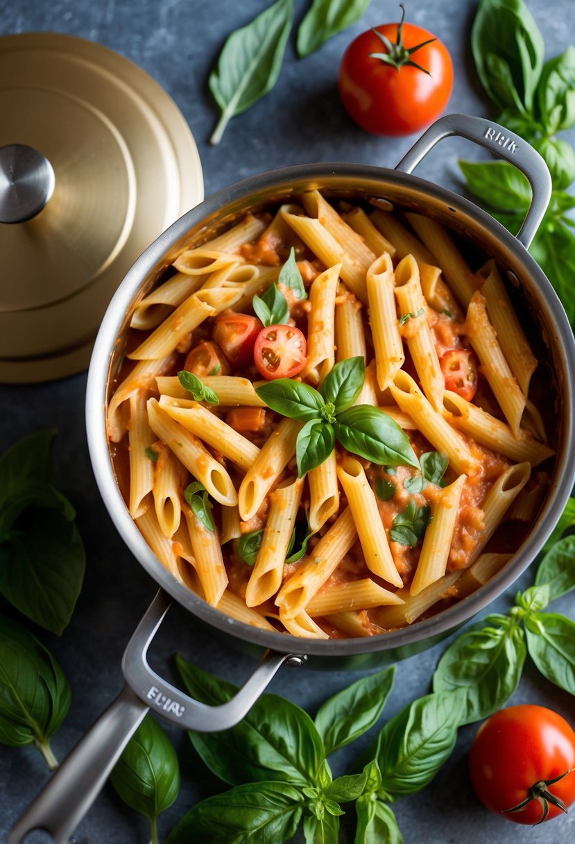 A large pot of penne pasta in creamy tomato and basil sauce, surrounded by fresh basil leaves and tomatoes, ready to be served to a crowd