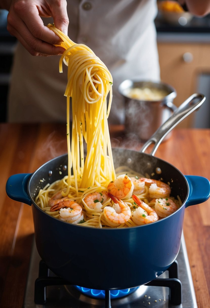 A large pot of boiling pasta with garlic butter shrimp being tossed in