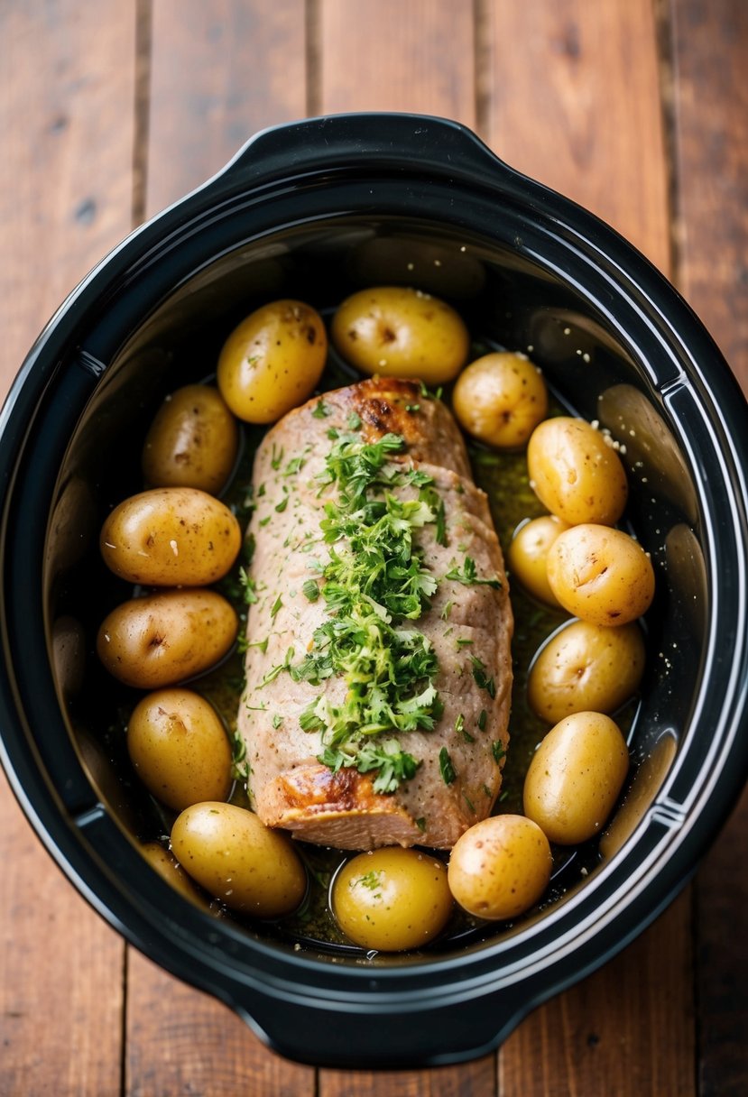 A crockpot filled with garlic herb tenderloin and baby potatoes cooking together