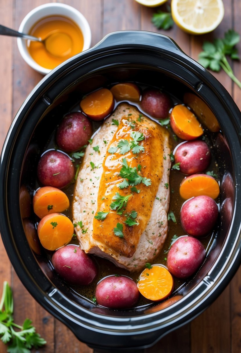 A crockpot filled with honey Dijon pork tenderloin and red potatoes simmering in a savory broth