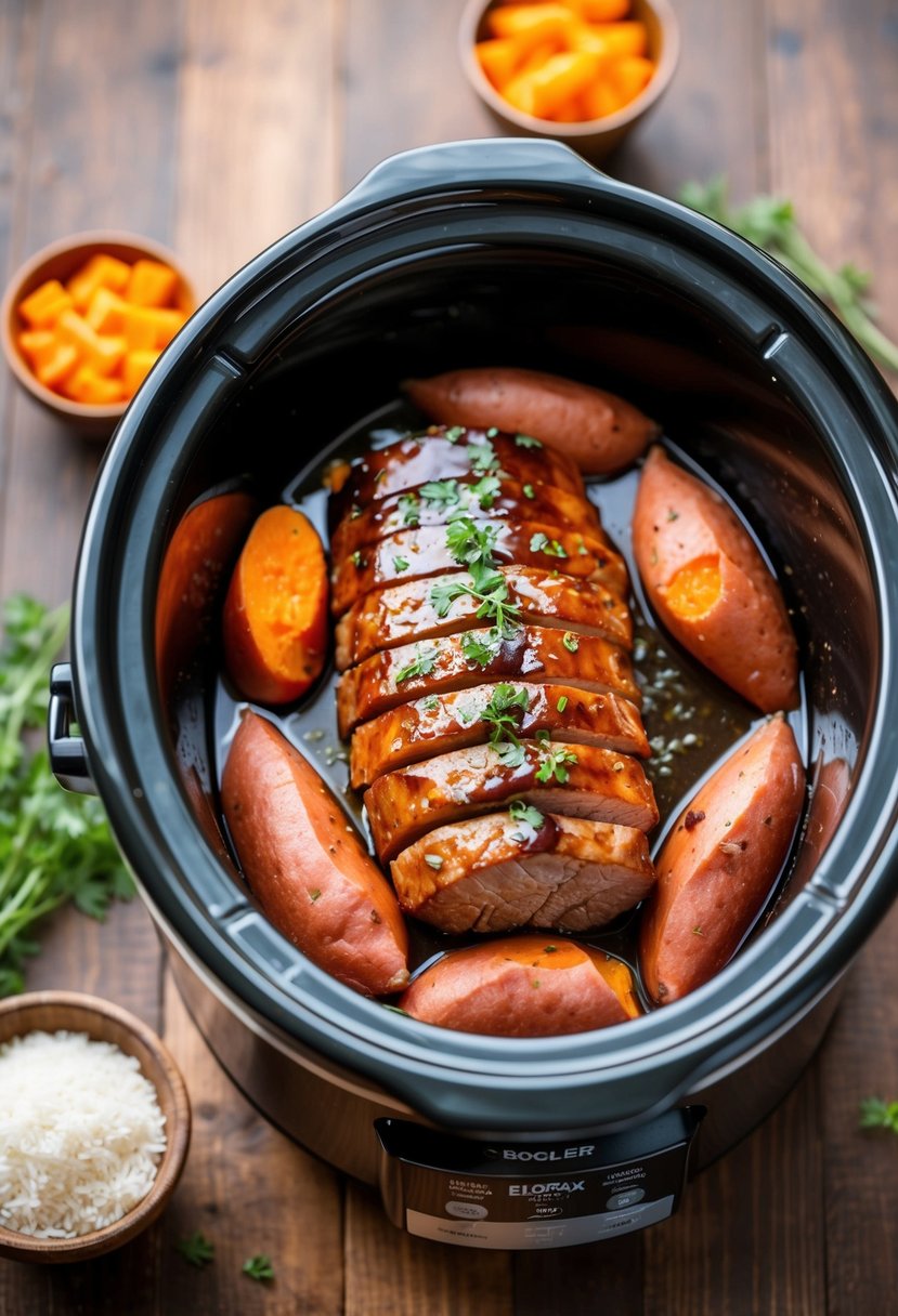 A slow cooker filled with balsamic glazed tenderloin surrounded by sweet potatoes