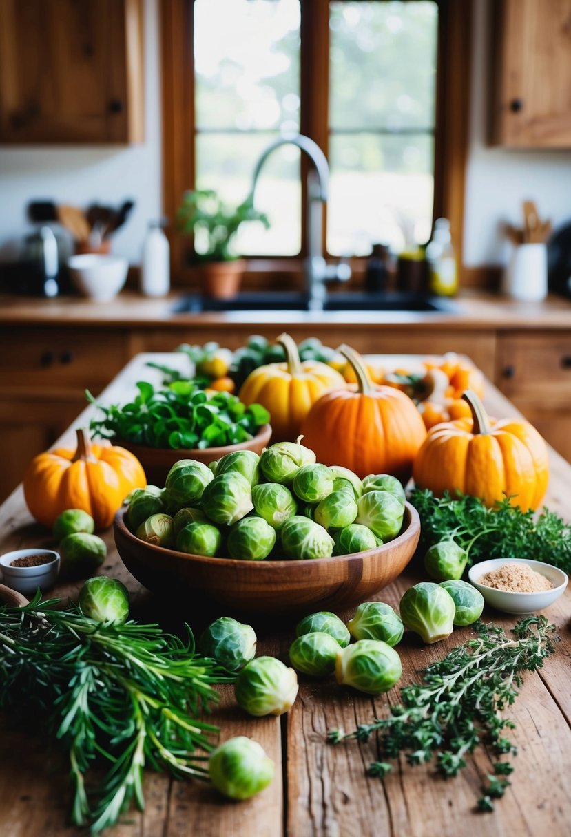 A rustic kitchen with a wooden table covered in fresh brussel sprouts, herbs, and other ingredients for fall recipes