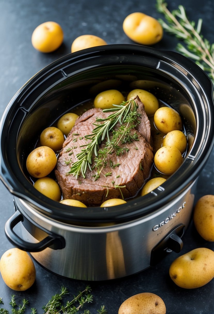 A crockpot filled with rosemary and thyme beef tenderloin, surrounded by Yukon Gold potatoes