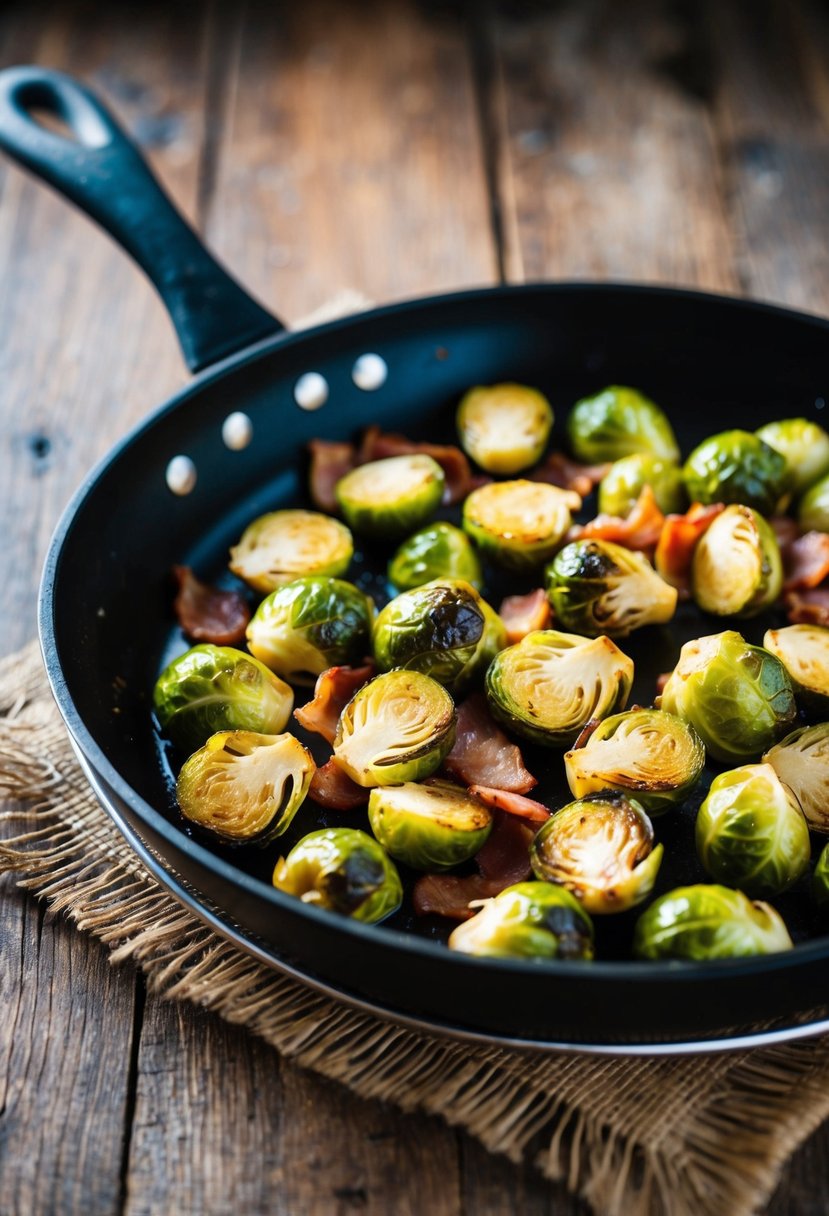 A sizzling skillet of roasted Brussels sprouts and bacon on a rustic wooden table