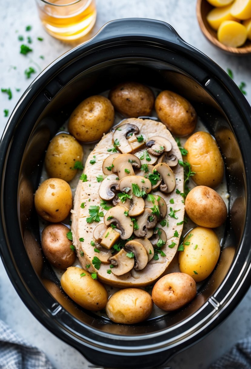 A crockpot filled with creamy mushroom and pork tenderloin, surrounded by russet potatoes, simmering and filling the air with a savory aroma