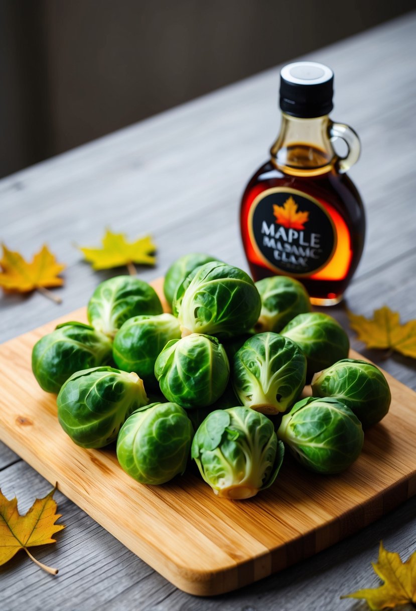 Brussels sprouts arranged on a wooden cutting board, surrounded by a bottle of maple balsamic glaze and a few scattered maple leaves