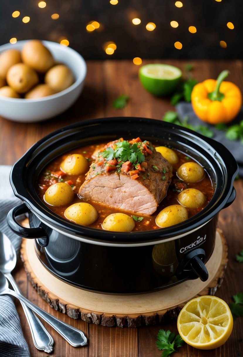 A crockpot simmering with salsa verde tenderloin and chili potatoes