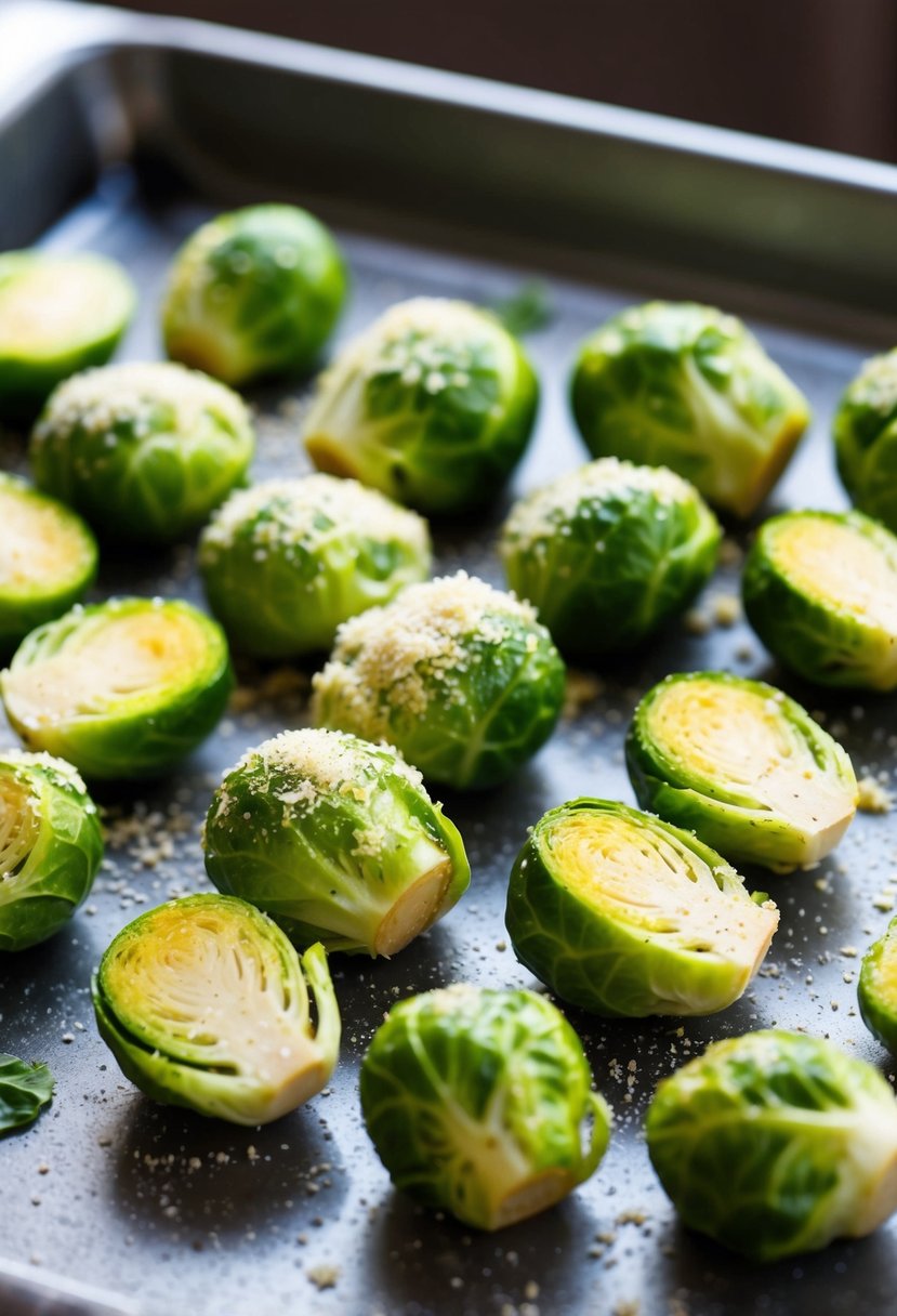 Brussels sprouts coated in parmesan, arranged on a baking sheet, with a sprinkle of seasoning