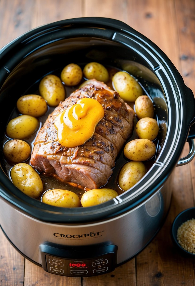 A crockpot filled with tenderloin and fingerling potatoes, glazed with maple mustard, simmering and filling the room with a savory aroma