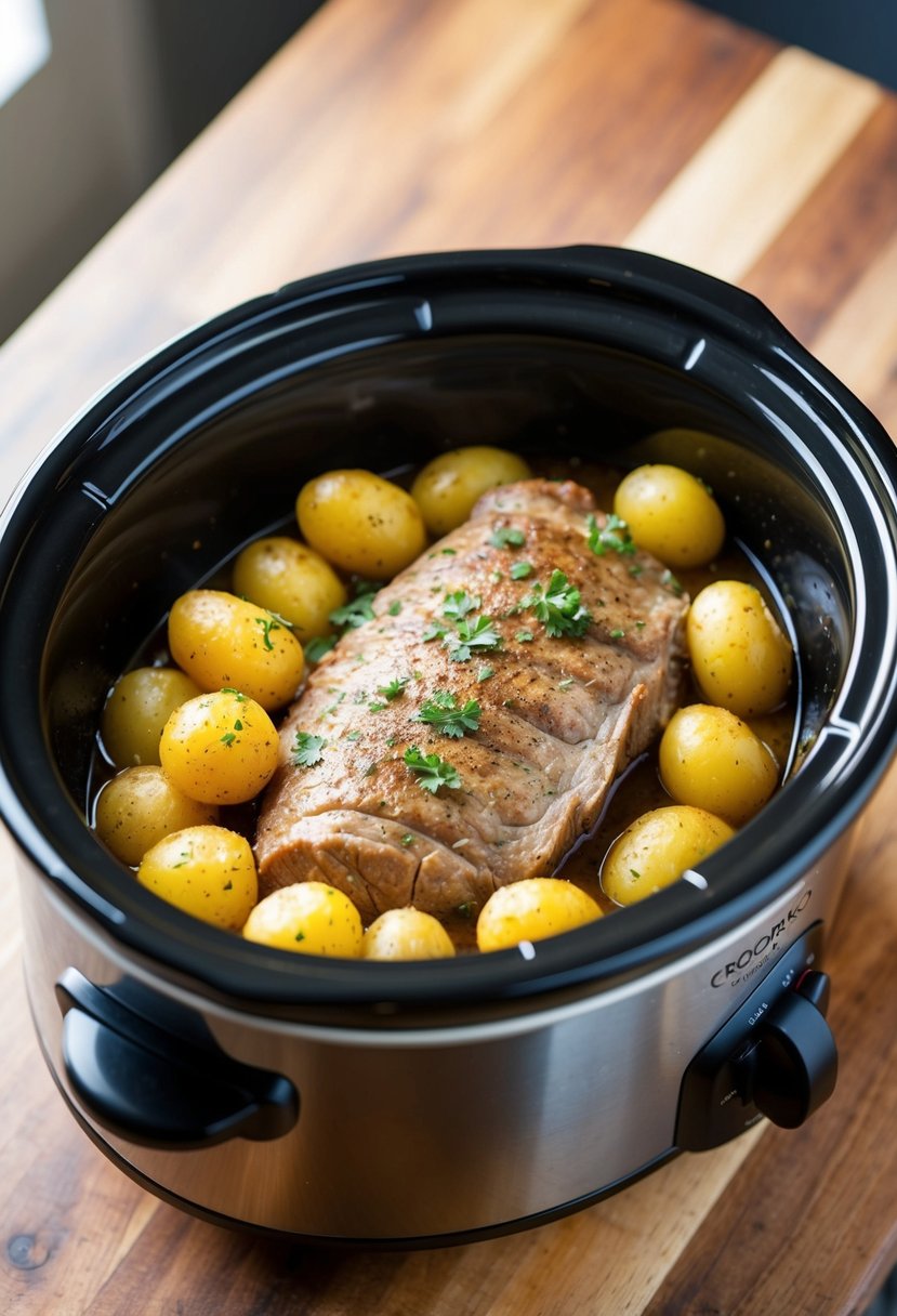 A crockpot filled with Italian seasoned tenderloin and Parmesan potatoes simmering together