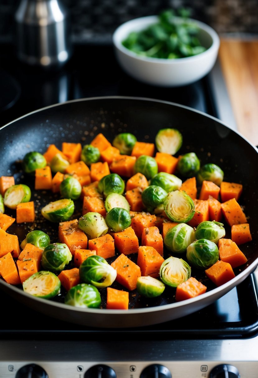 A sizzling skillet of diced sweet potatoes and Brussels sprouts, sprinkled with herbs and spices, cooking over a stovetop