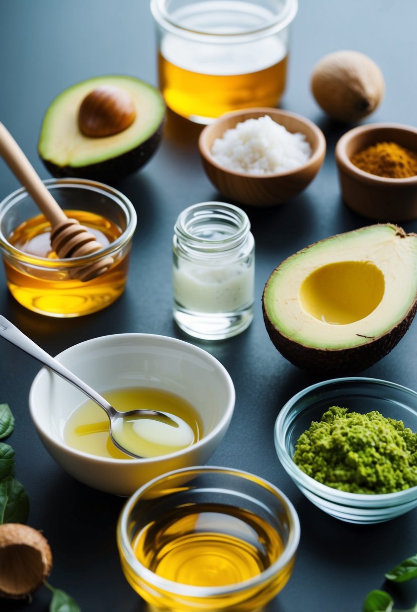 A table with various natural ingredients like honey, avocado, and coconut oil, along with mixing bowls, spoons, and containers for DIY skin care recipes