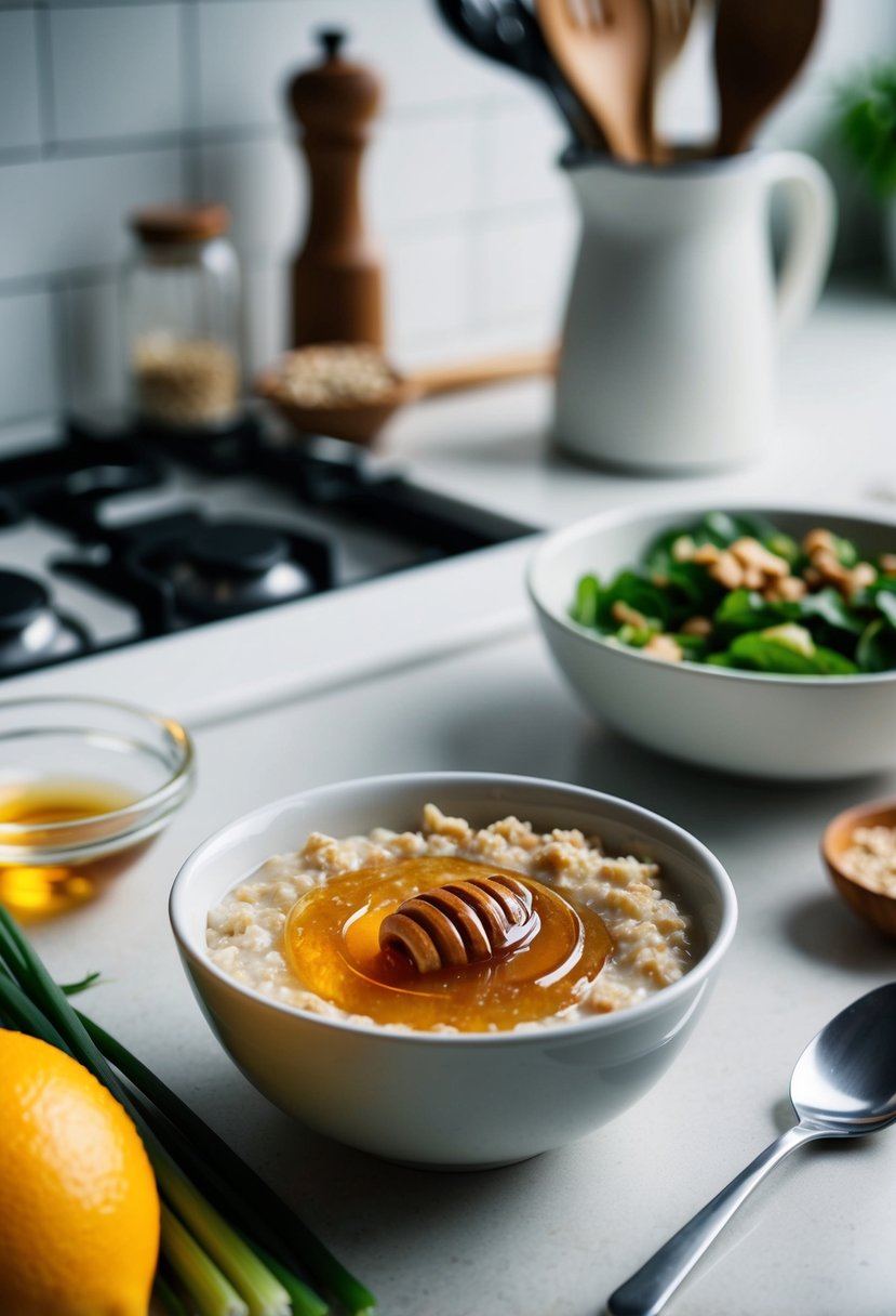 A small bowl filled with honey and oatmeal, surrounded by fresh ingredients and utensils on a clean kitchen counter