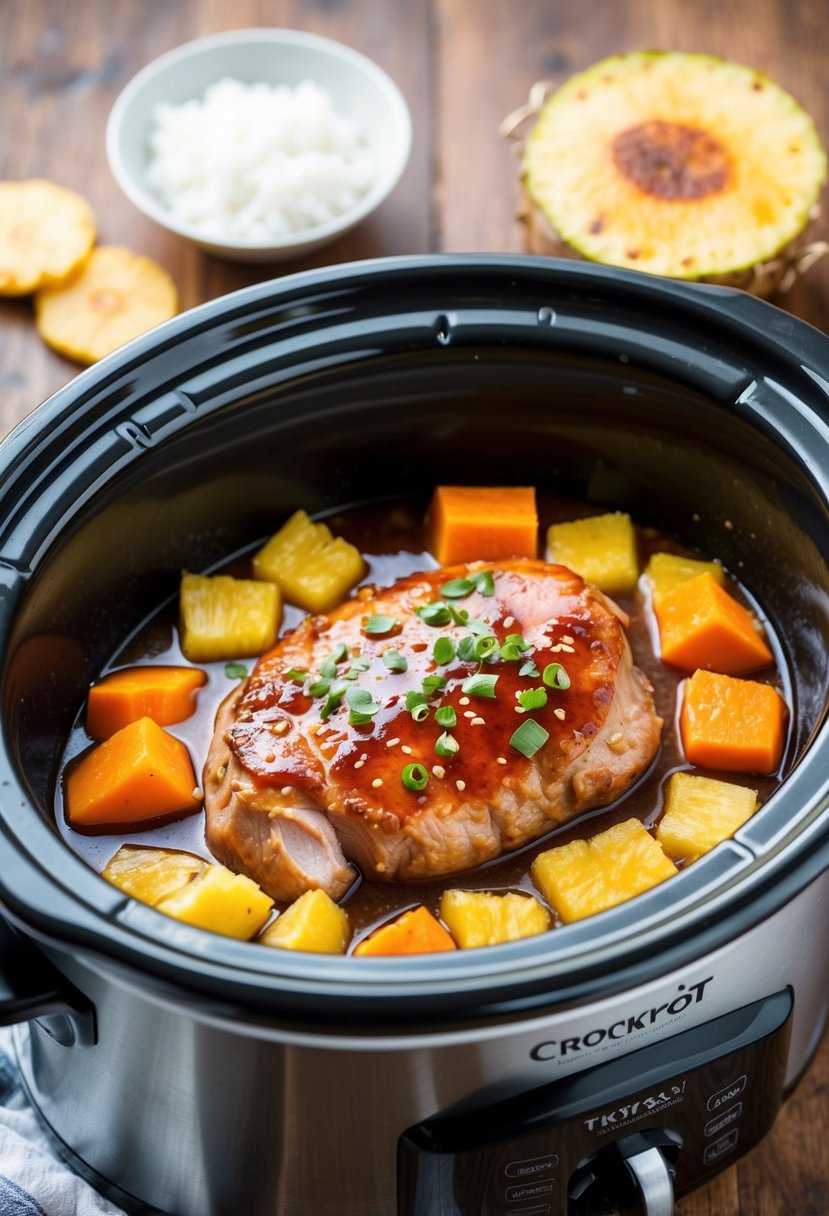 A crockpot filled with teriyaki pork tenderloin and pineapple sweet potatoes simmering together