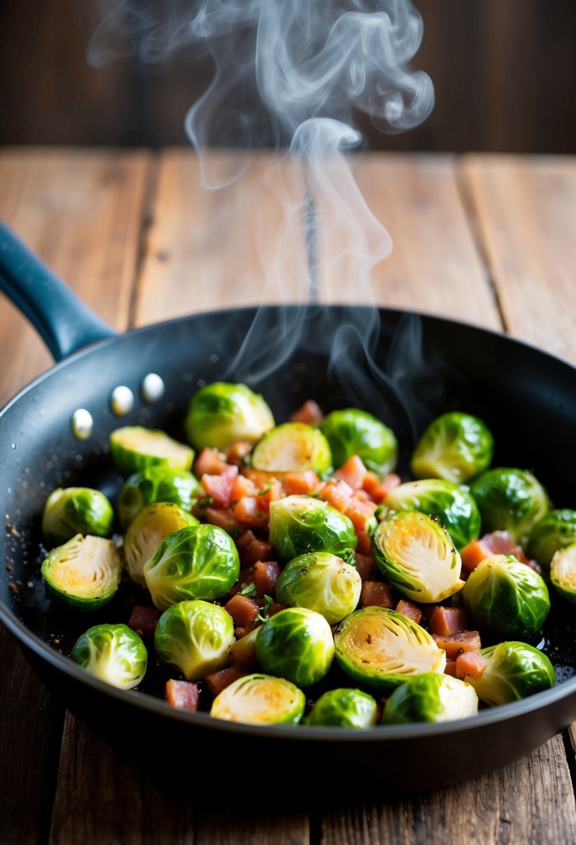 Brussels sprouts and pancetta sizzling in a skillet, steam rising, with a sprinkle of herbs and spices